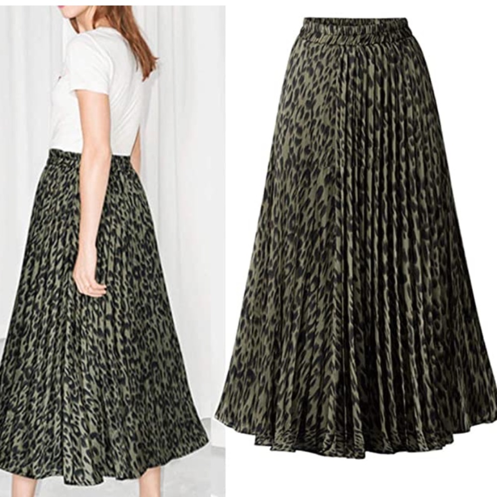 Green Leopard Pleated Green Maxi Skirt